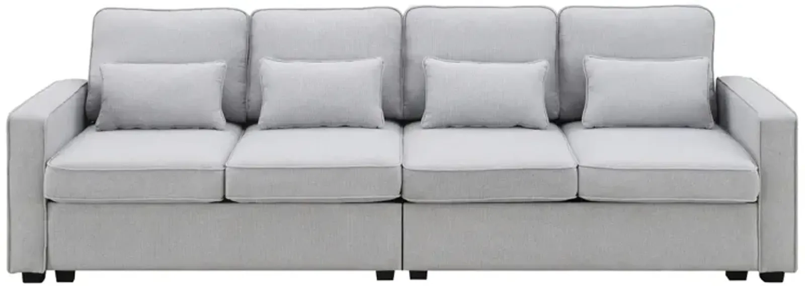 4-Seater Modern Linen Fabric Sofa With Armrest Pockets And 4 Pillows, Minimalist Style