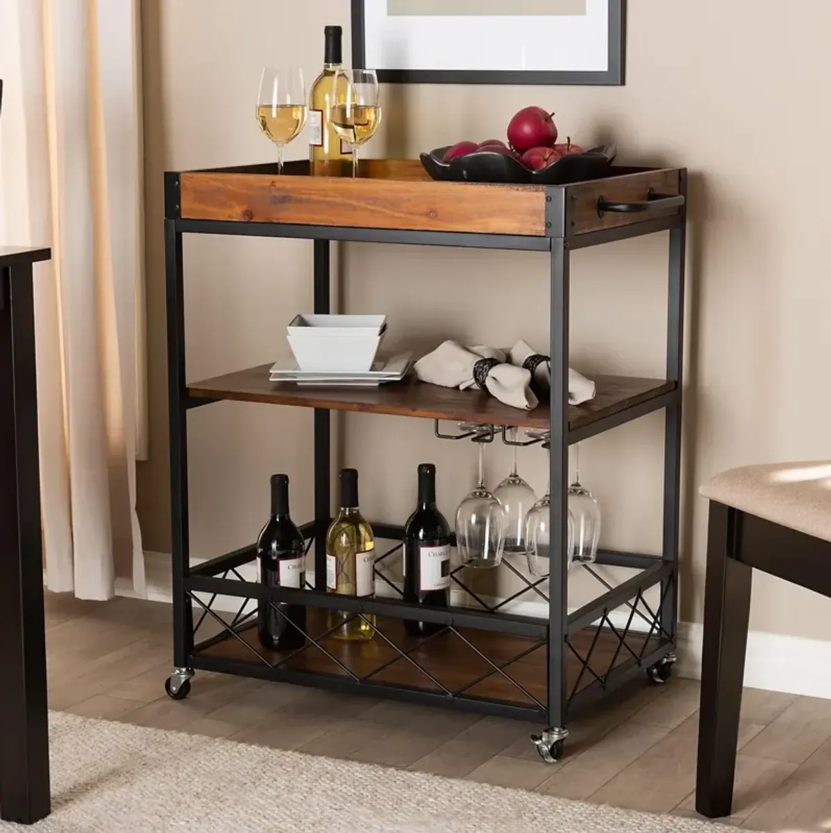 32.6'' Tall Industrial Style Rolling Kitchen Island Wine Cart with Black Finished, Fir Wood Mobile Metal Wine Bar Cart with Glass Rack, Oak Brown