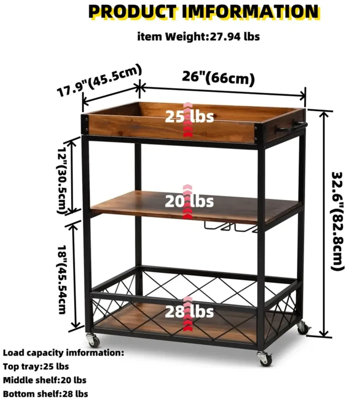 32.6'' Tall Industrial Style Rolling Kitchen Island Wine Cart with Black Finished, Fir Wood Mobile Metal Wine Bar Cart with Glass Rack, Oak Brown