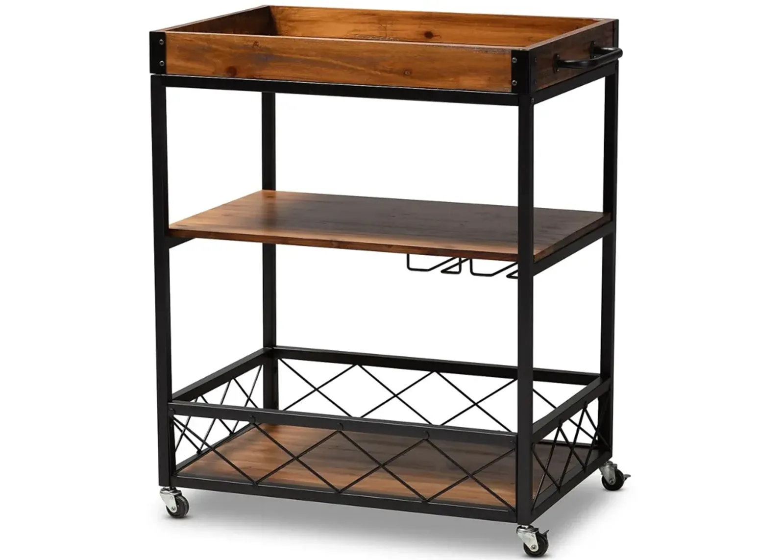 32.6'' Tall Industrial Style Rolling Kitchen Island Wine Cart with Black Finished, Fir Wood Mobile Metal Wine Bar Cart with Glass Rack, Oak Brown