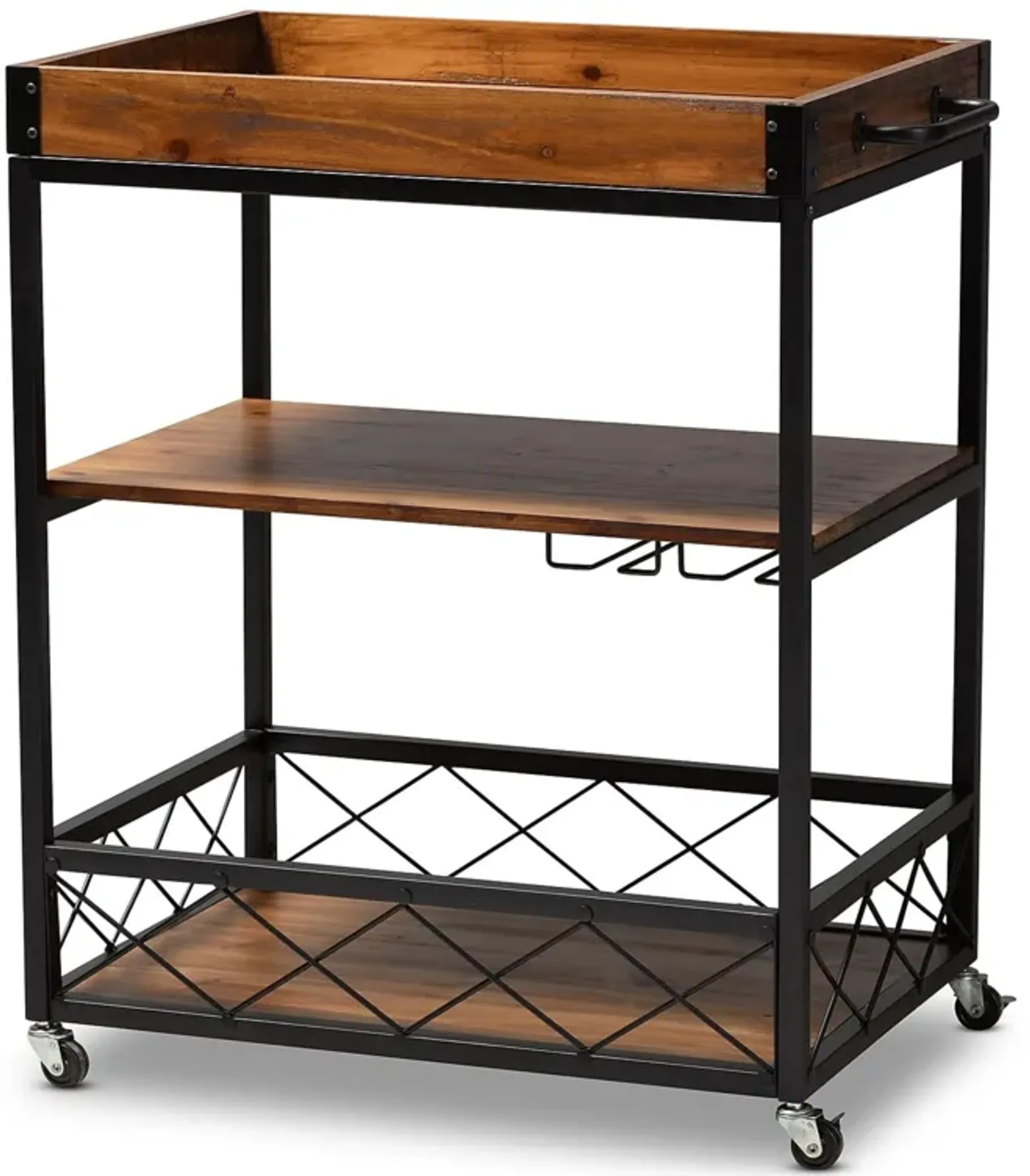 32.6'' Tall Industrial Style Rolling Kitchen Island Wine Cart with Black Finished, Fir Wood Mobile Metal Wine Bar Cart with Glass Rack, Oak Brown