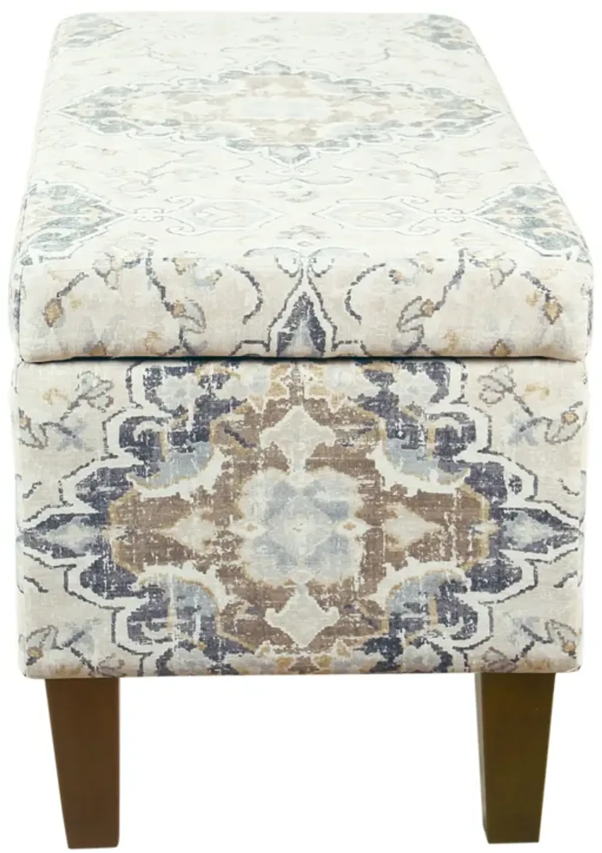 Medallion Print Fabric Upholstered Wooden Bench With Hinged Storage, Large, Brown and Cream - Benzara