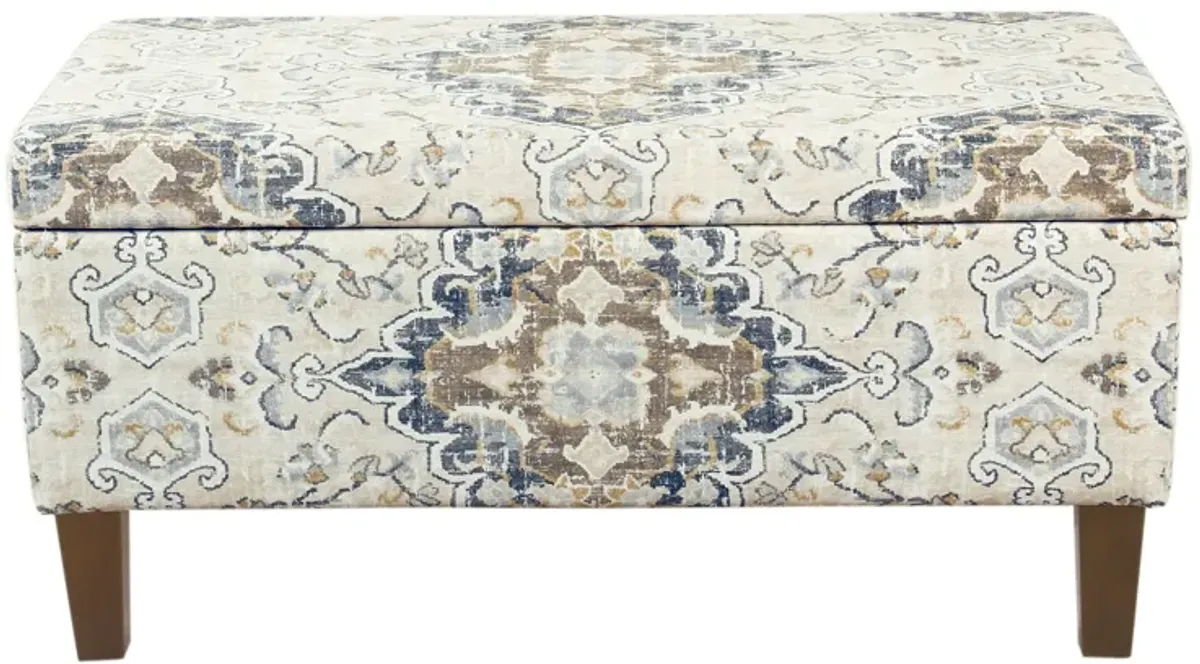 Medallion Print Fabric Upholstered Wooden Bench With Hinged Storage, Large, Brown and Cream - Benzara