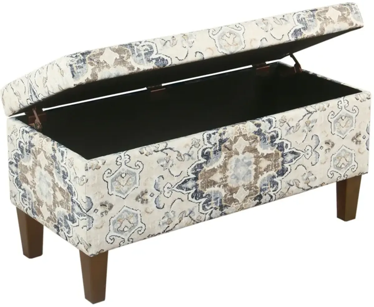 Medallion Print Fabric Upholstered Wooden Bench With Hinged Storage, Large, Brown and Cream - Benzara