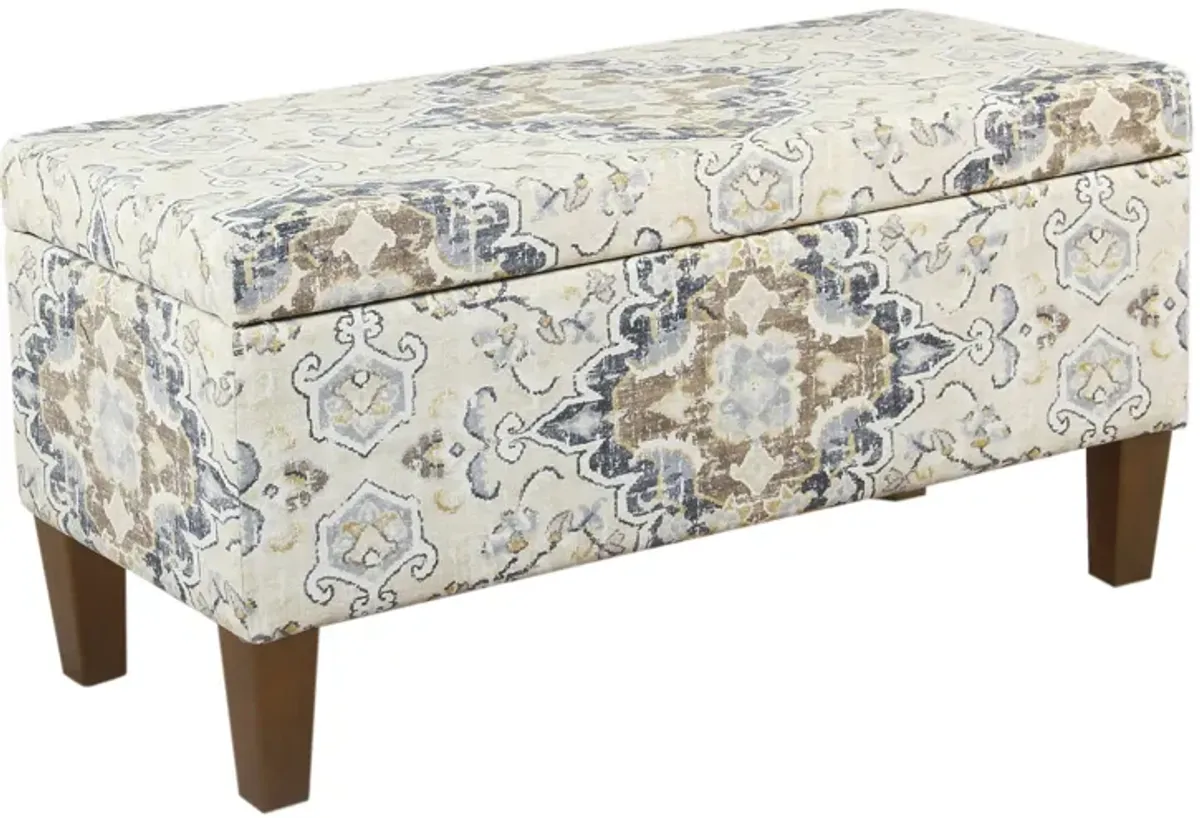 Medallion Print Fabric Upholstered Wooden Bench With Hinged Storage, Large, Brown and Cream - Benzara