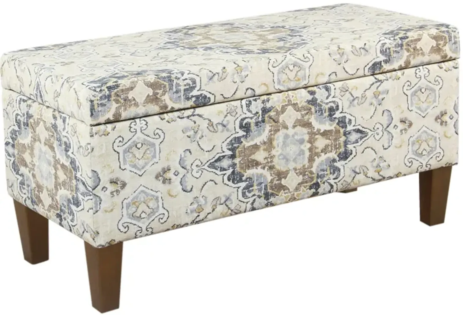 Medallion Print Fabric Upholstered Wooden Bench With Hinged Storage, Large, Brown and Cream - Benzara