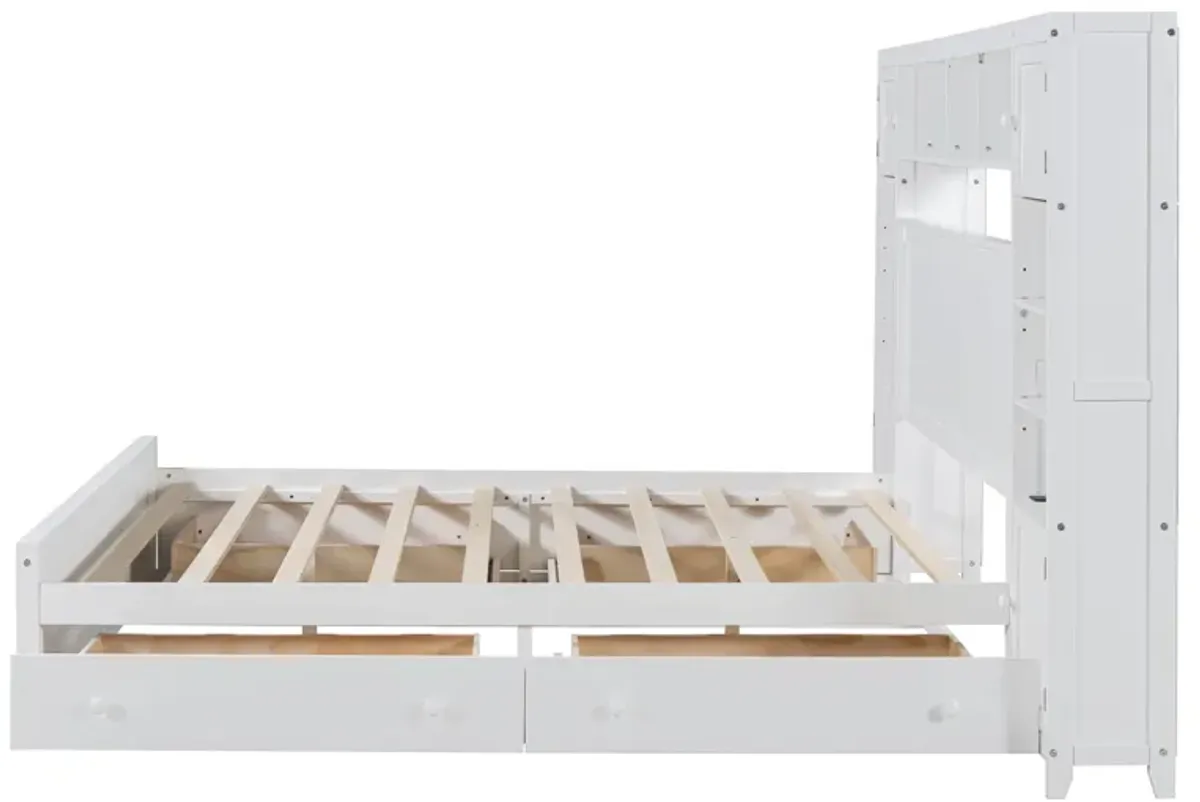 Whisen Morden Design Queen Size Wooden Bed With All-in-One Cabinet, 4 Drawers and Shelf - White