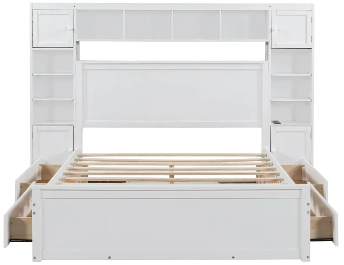 Whisen Morden Design Queen Size Wooden Bed With All-in-One Cabinet, 4 Drawers and Shelf - White