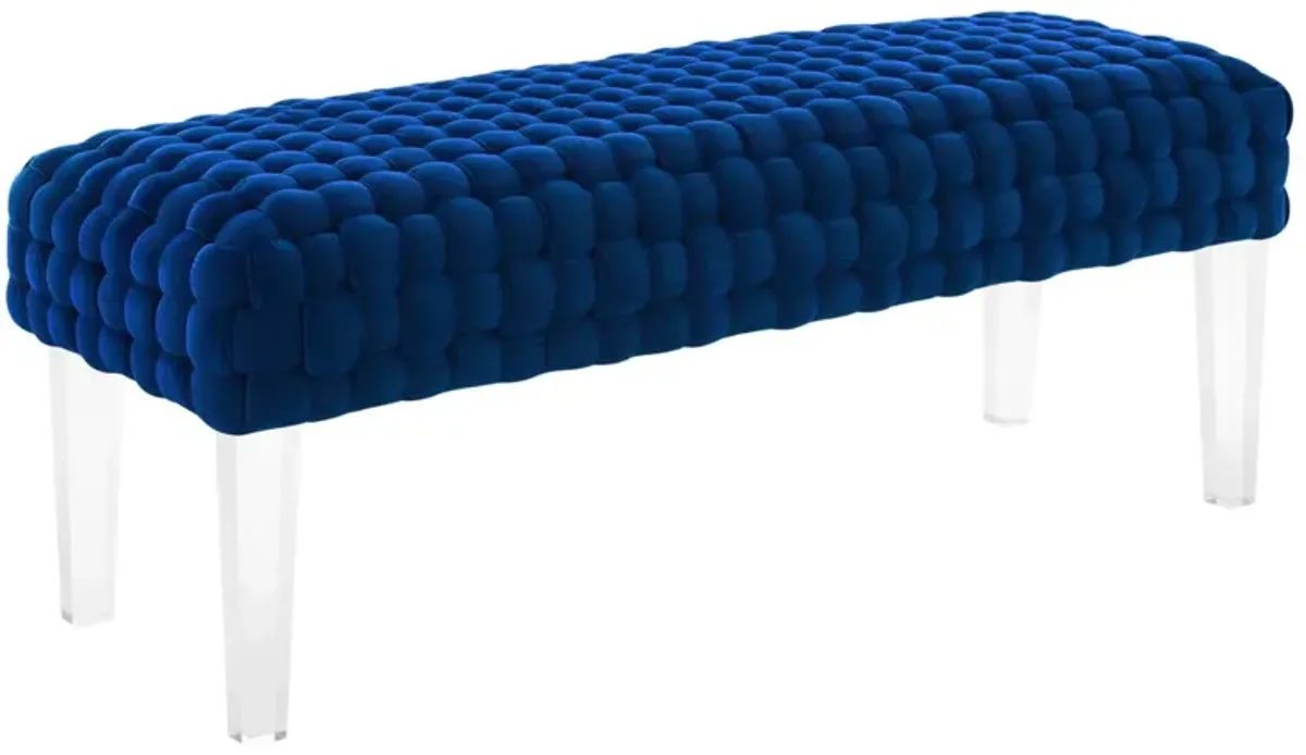 Elegant Woven Velvet Ottoman: Mid-Century Modern Style, Sturdy Acrylic Legs