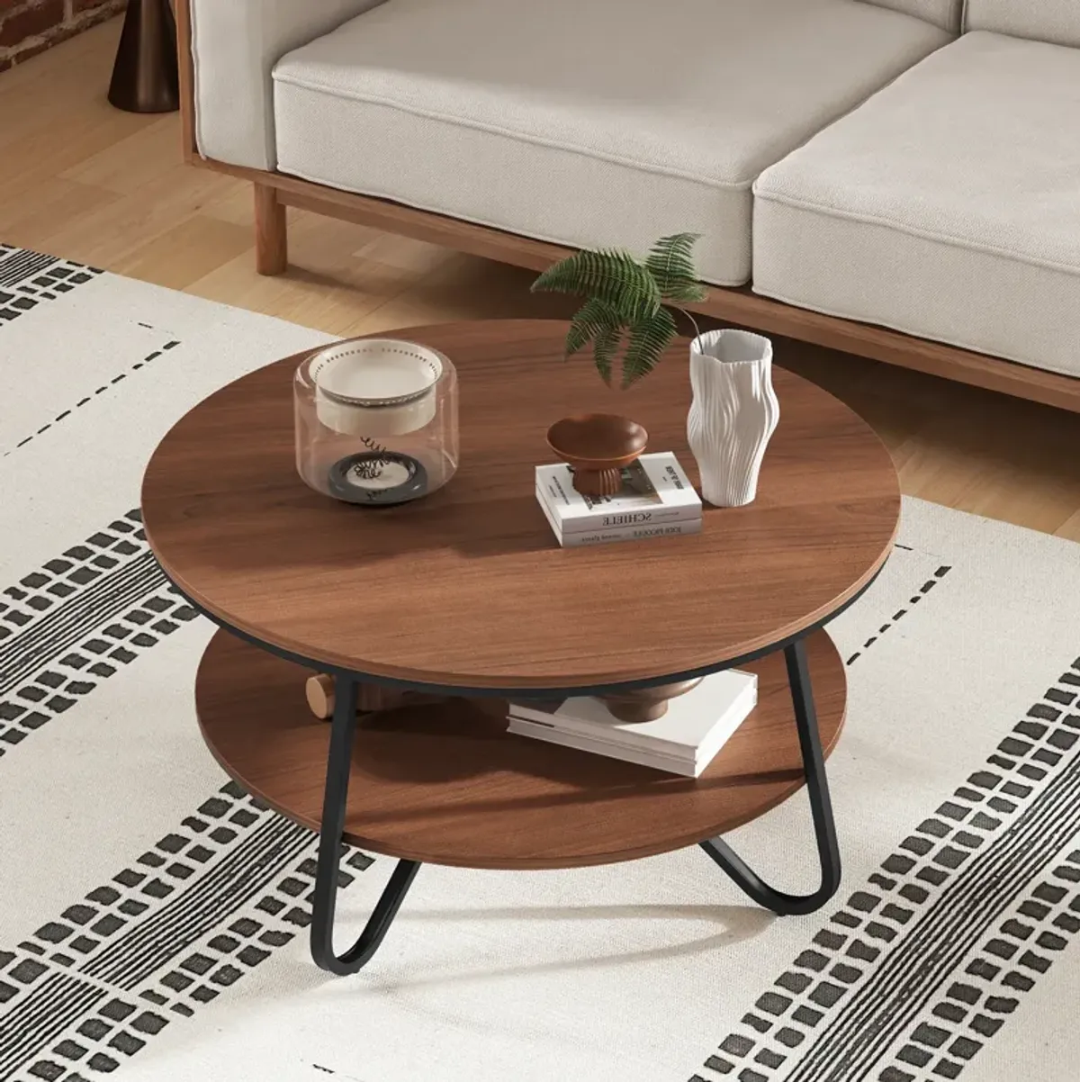 33.5 Inch Round Coffee Table with Wood Grain Finish and Heavy-duty Metal Frame-Walnut