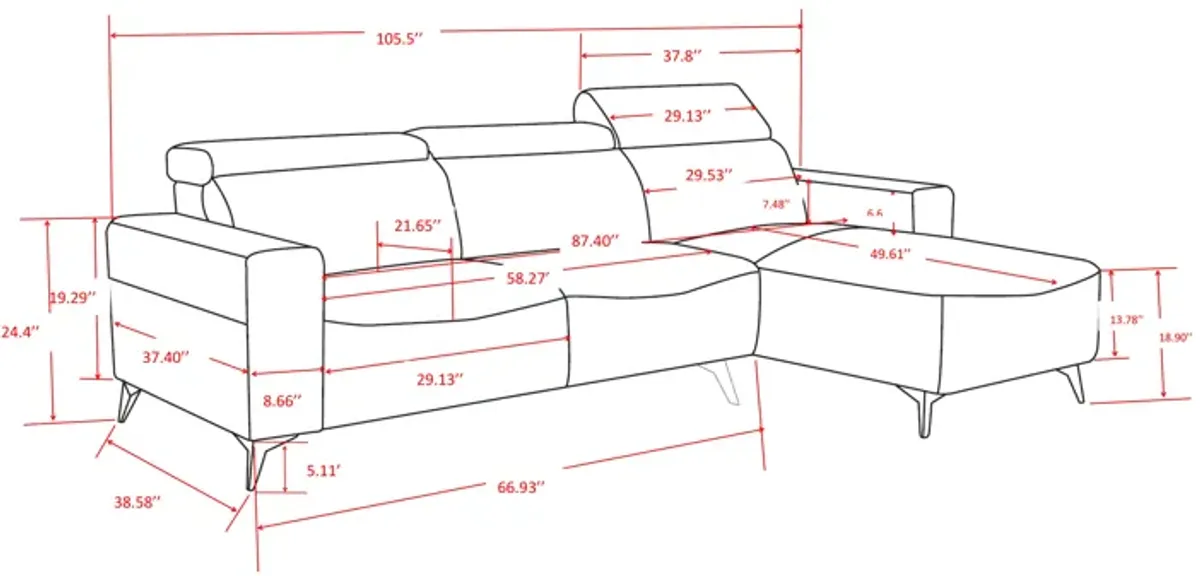 Pasargad Home Modern Bari Sectional Sofa with Push Back Functional, Left Facing Chaise, Grey