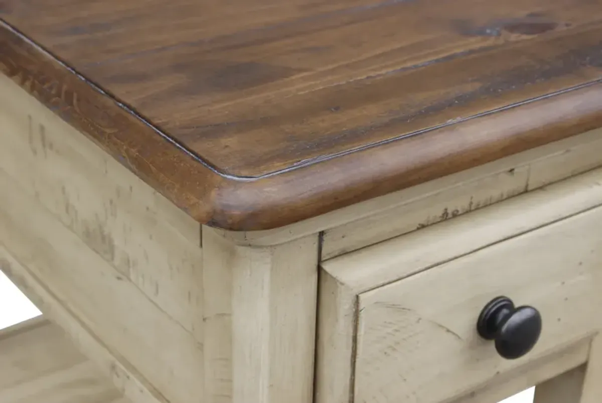 Shades of Sand 14 in. Cream Puff and Walnut Brown Rectangular Solid Wood End Table with 1 Drawer