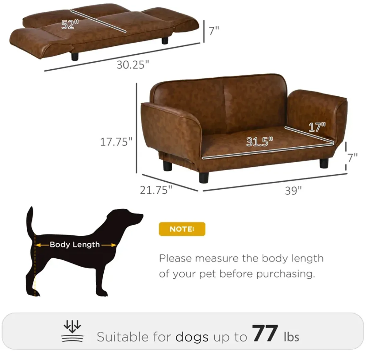 Brown Pet Lounger: 39" Foldable PU Leather Dog Sofa Bed