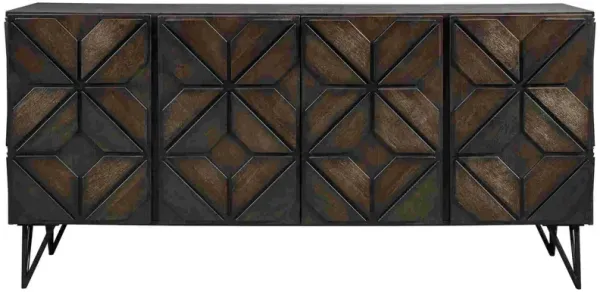 TV Stand with Geometric Front and 3 Shelves, Brown - Benzara