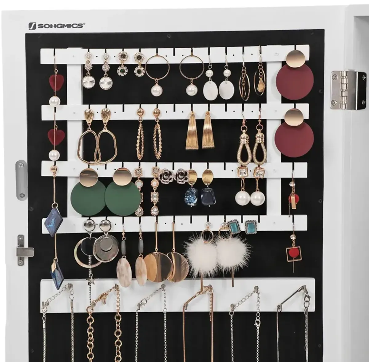 Lockable Jewelry Cabinet Armoire Wall-Mounted Space-Saving Organizer with Mirror in White