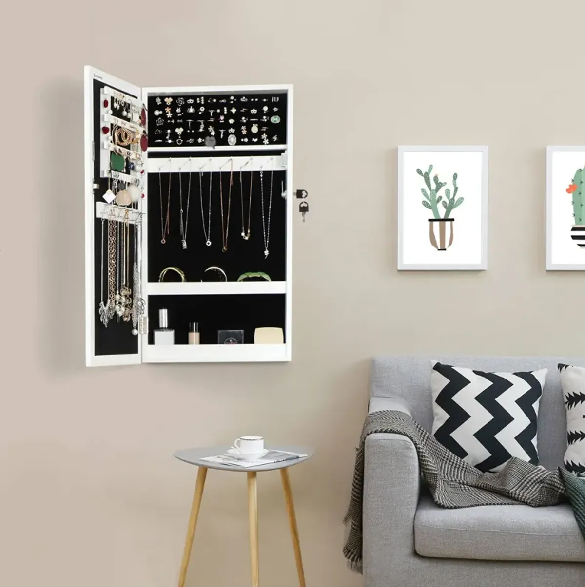 Lockable Jewelry Cabinet Armoire Wall-Mounted Space-Saving Organizer with Mirror in White