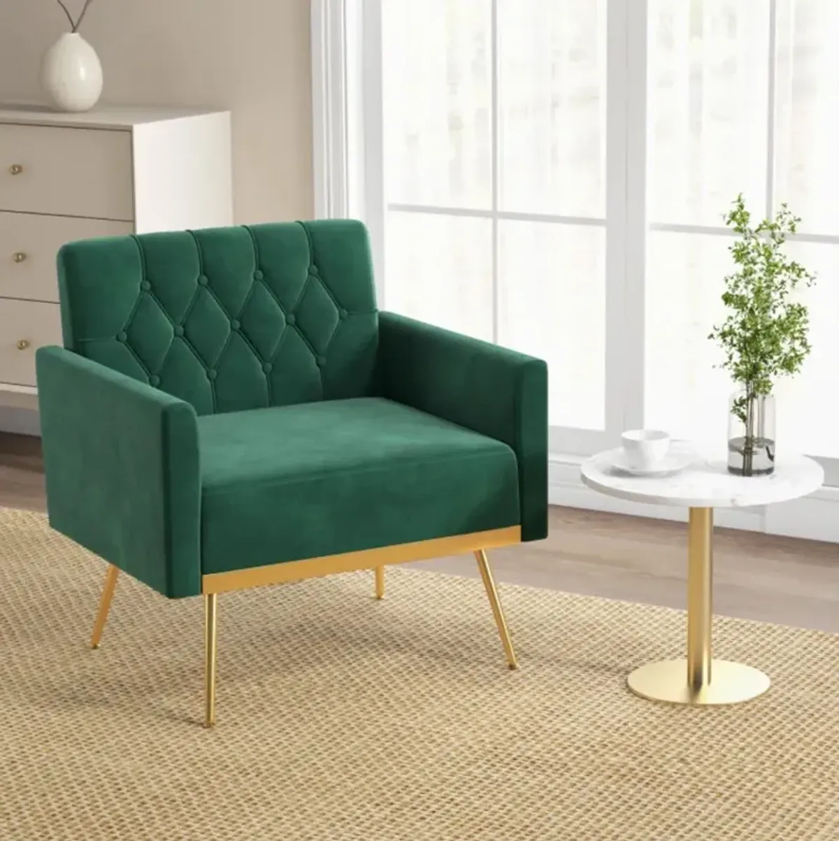 Modern Velvet Accent Chair with Button Tufted Back Golden Metal Legs and Adjustable Foot Pads