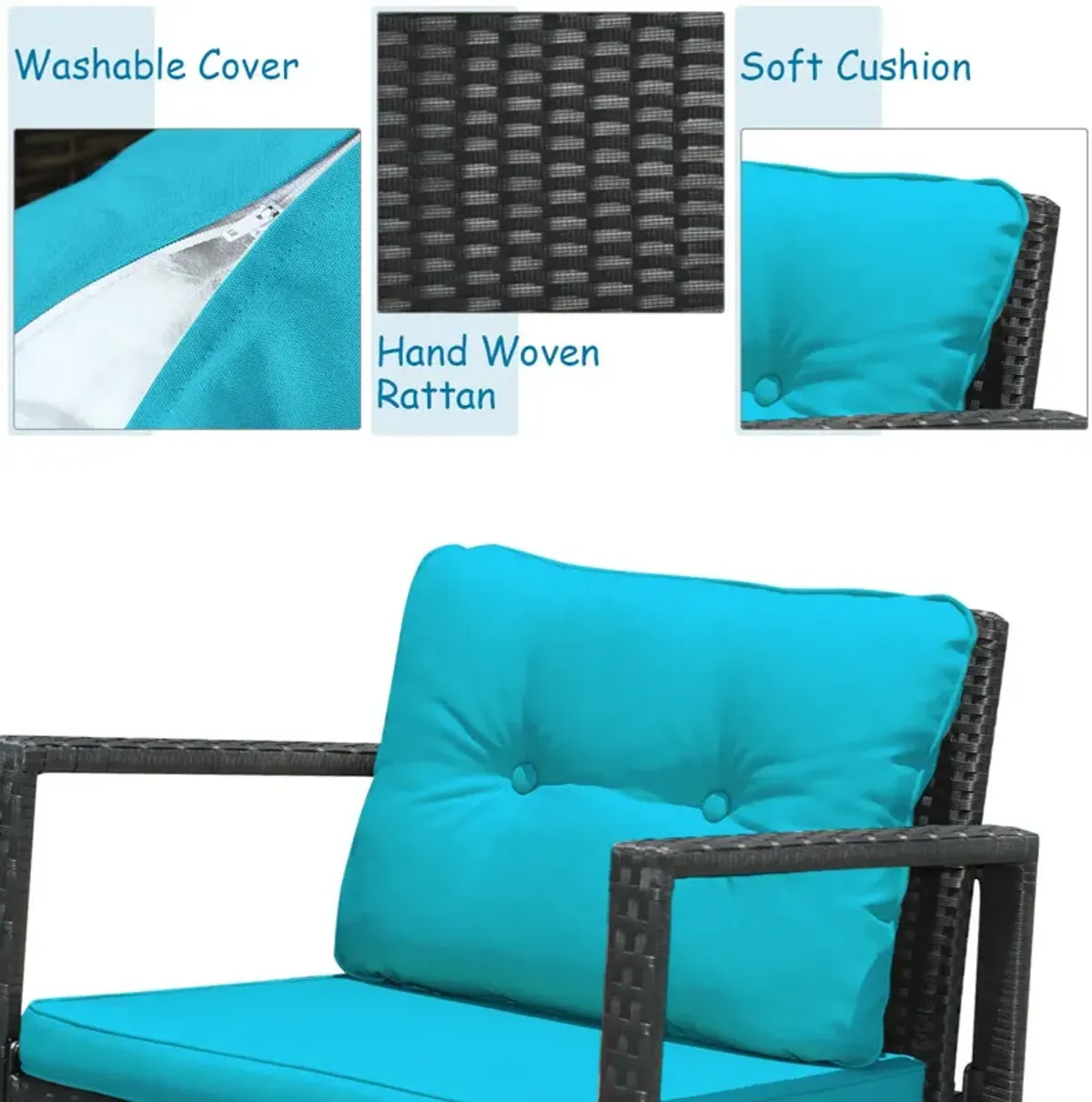 3 Pieces Cushioned Patio Rattan Set with Rocking Chair and Table-Blue