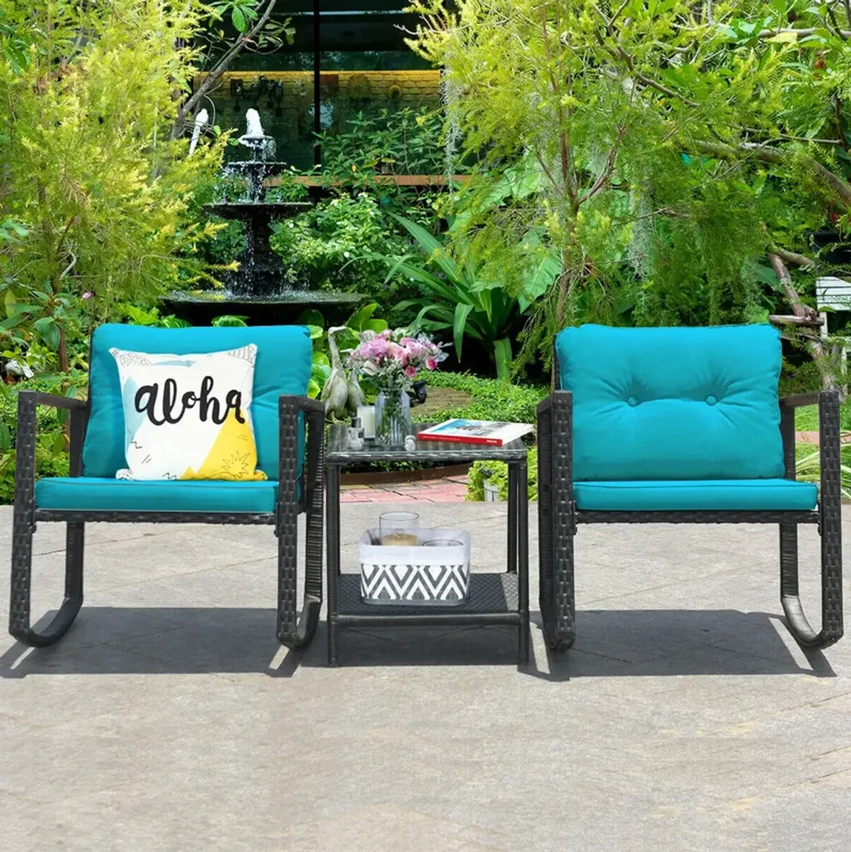 3 Pieces Cushioned Patio Rattan Set with Rocking Chair and Table-Blue