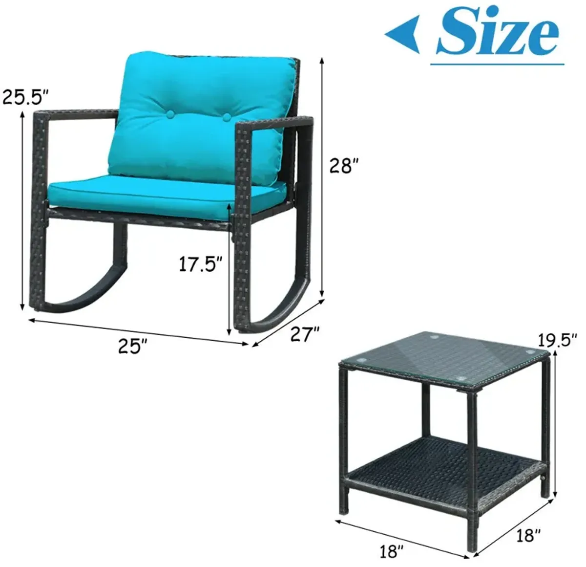 3 Pieces Cushioned Patio Rattan Set with Rocking Chair and Table-Blue