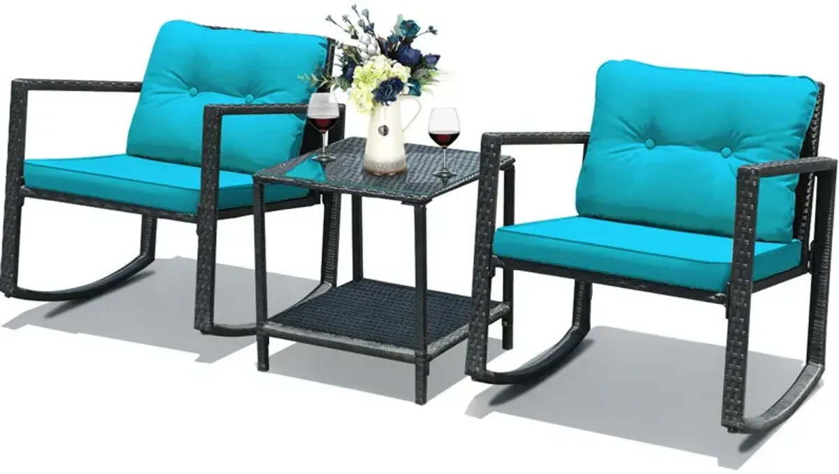 3 Pieces Cushioned Patio Rattan Set with Rocking Chair and Table-Blue