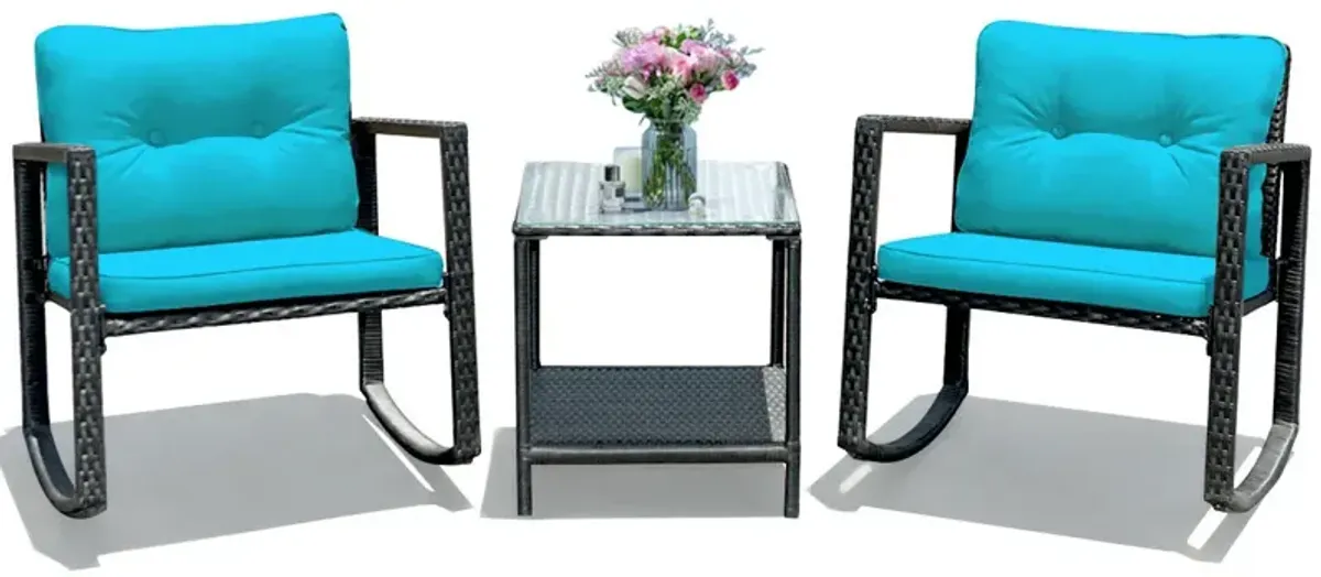 3 Pieces Cushioned Patio Rattan Set with Rocking Chair and Table-Blue