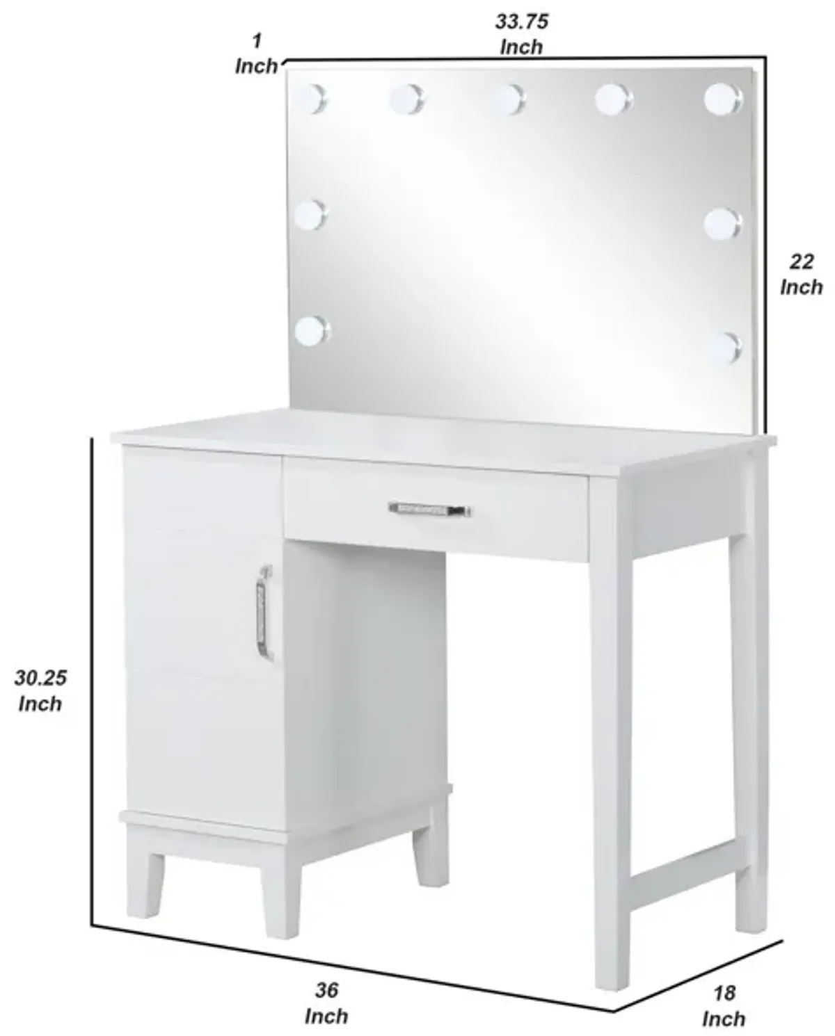 Vanity Set with 9 LED Bulbs and Tapered Block Legs, White-Benzara