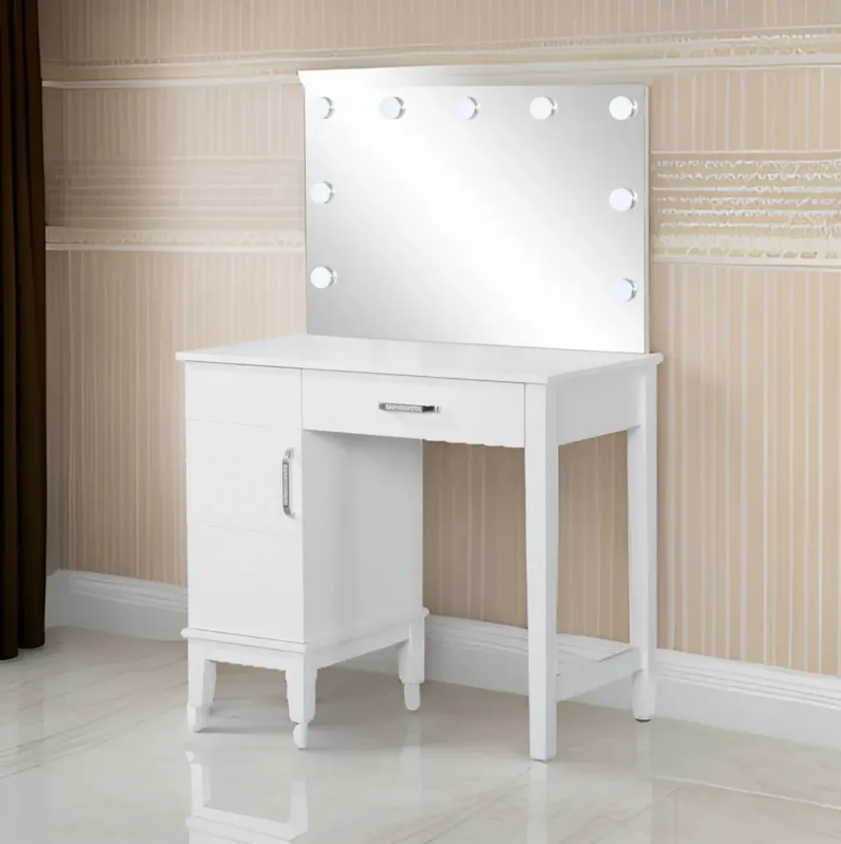 Vanity Set with 9 LED Bulbs and Tapered Block Legs, White-Benzara