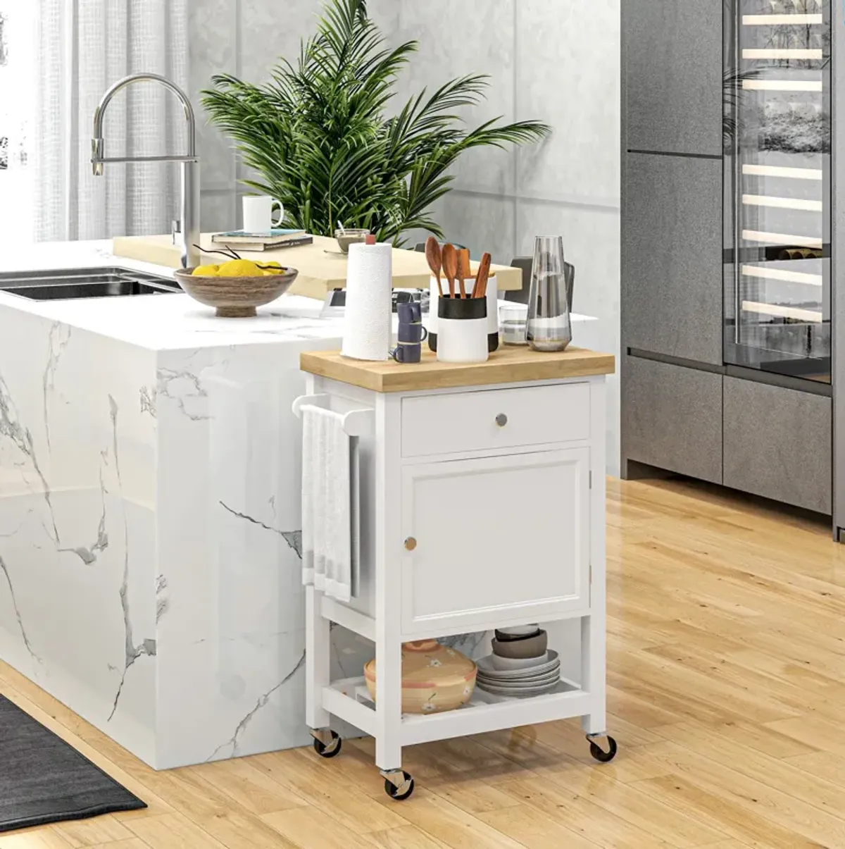 White Kitchen Cart: Rubberwood Top, Wine Rack, Wheeled