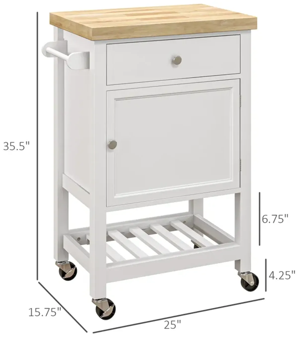 White Kitchen Cart: Rubberwood Top, Wine Rack, Wheeled