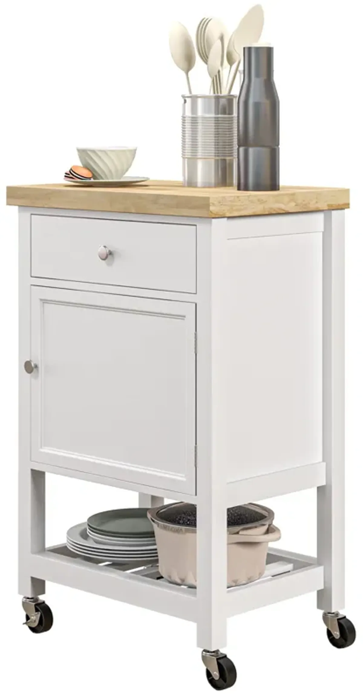 White Kitchen Cart: Rubberwood Top, Wine Rack, Wheeled