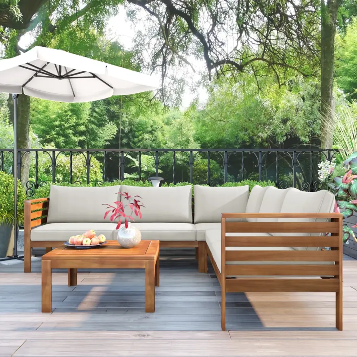 Merax Wood Structure Outdoor Sofa Set with Table