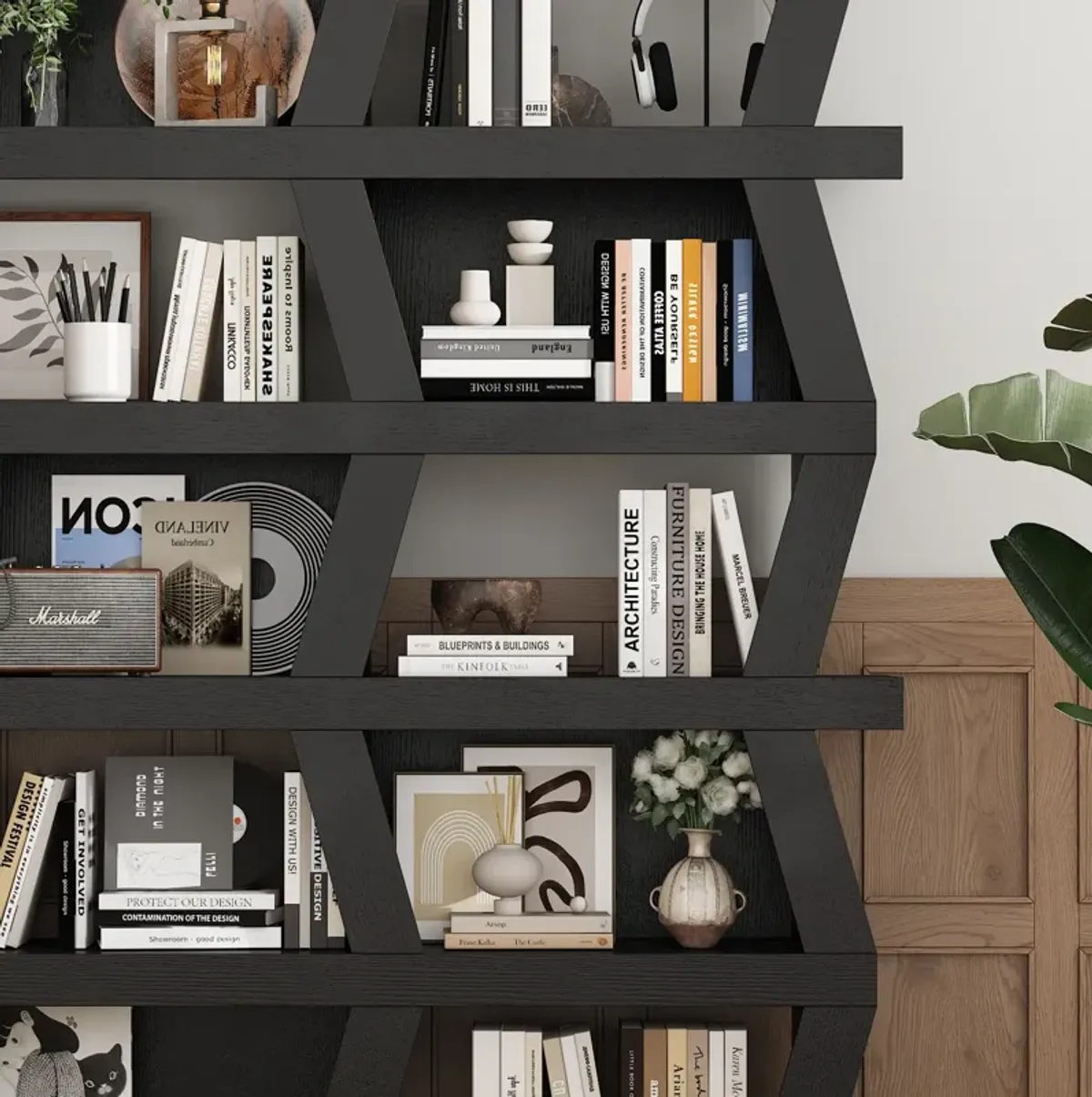 FUFU&GAGA Modern 5-Tier Zigzag Bookcase with Open Shelves (63.8” H x 51.2” W x 12.2” D),Black