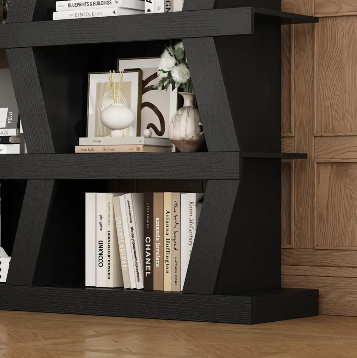 FUFU&GAGA Modern 5-Tier Zigzag Bookcase with Open Shelves (63.8” H x 51.2” W x 12.2” D),Black