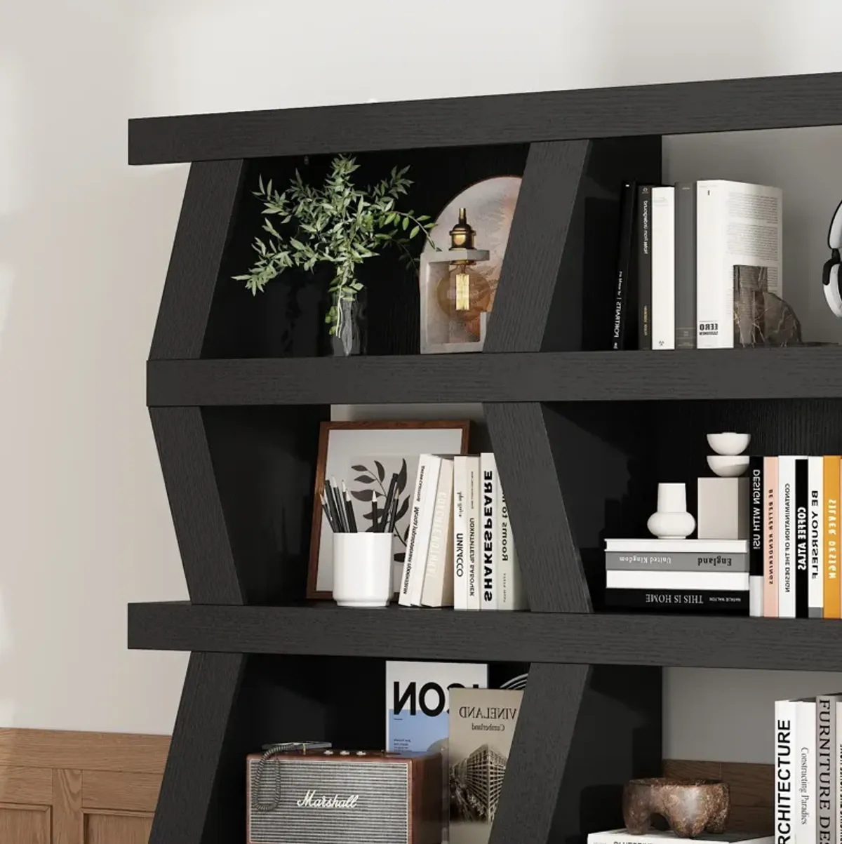 FUFU&GAGA Modern 5-Tier Zigzag Bookcase with Open Shelves (63.8” H x 51.2” W x 12.2” D),Black