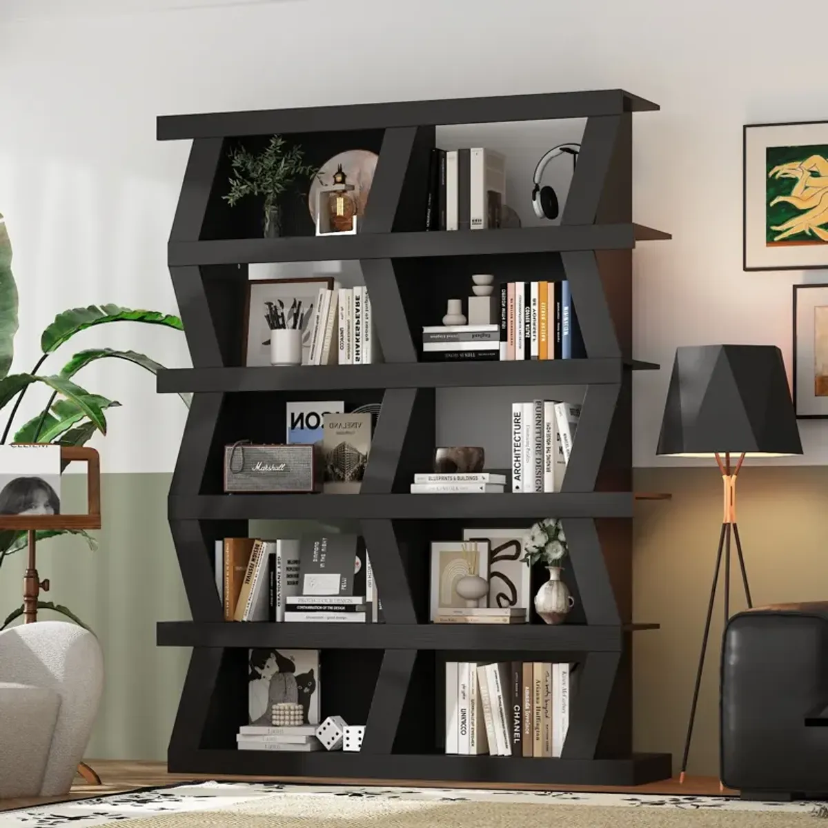 FUFU&GAGA Modern 5-Tier Zigzag Bookcase with Open Shelves (63.8” H x 51.2” W x 12.2” D),Black