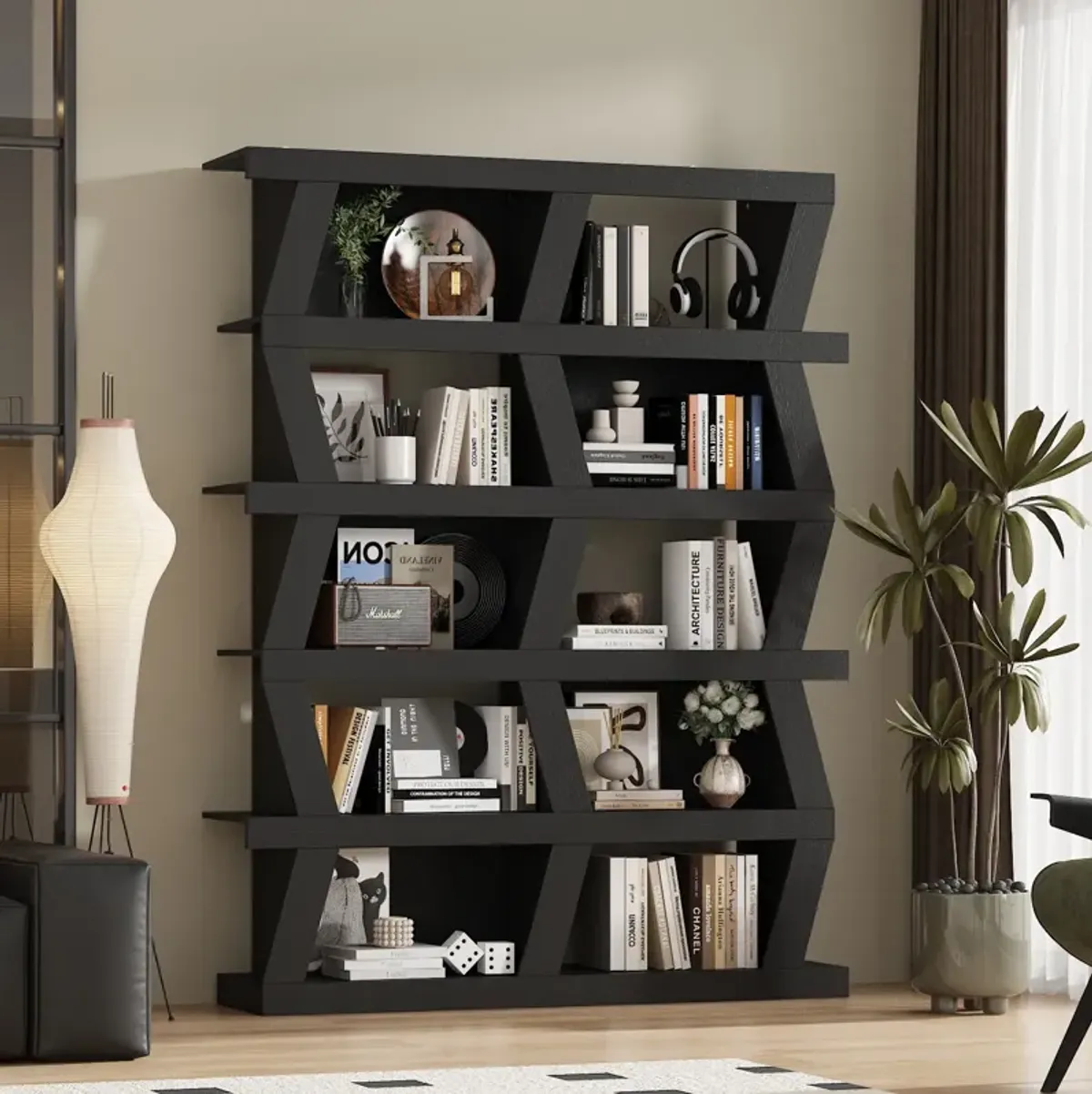 FUFU&GAGA Modern 5-Tier Zigzag Bookcase with Open Shelves (63.8” H x 51.2” W x 12.2” D),Black