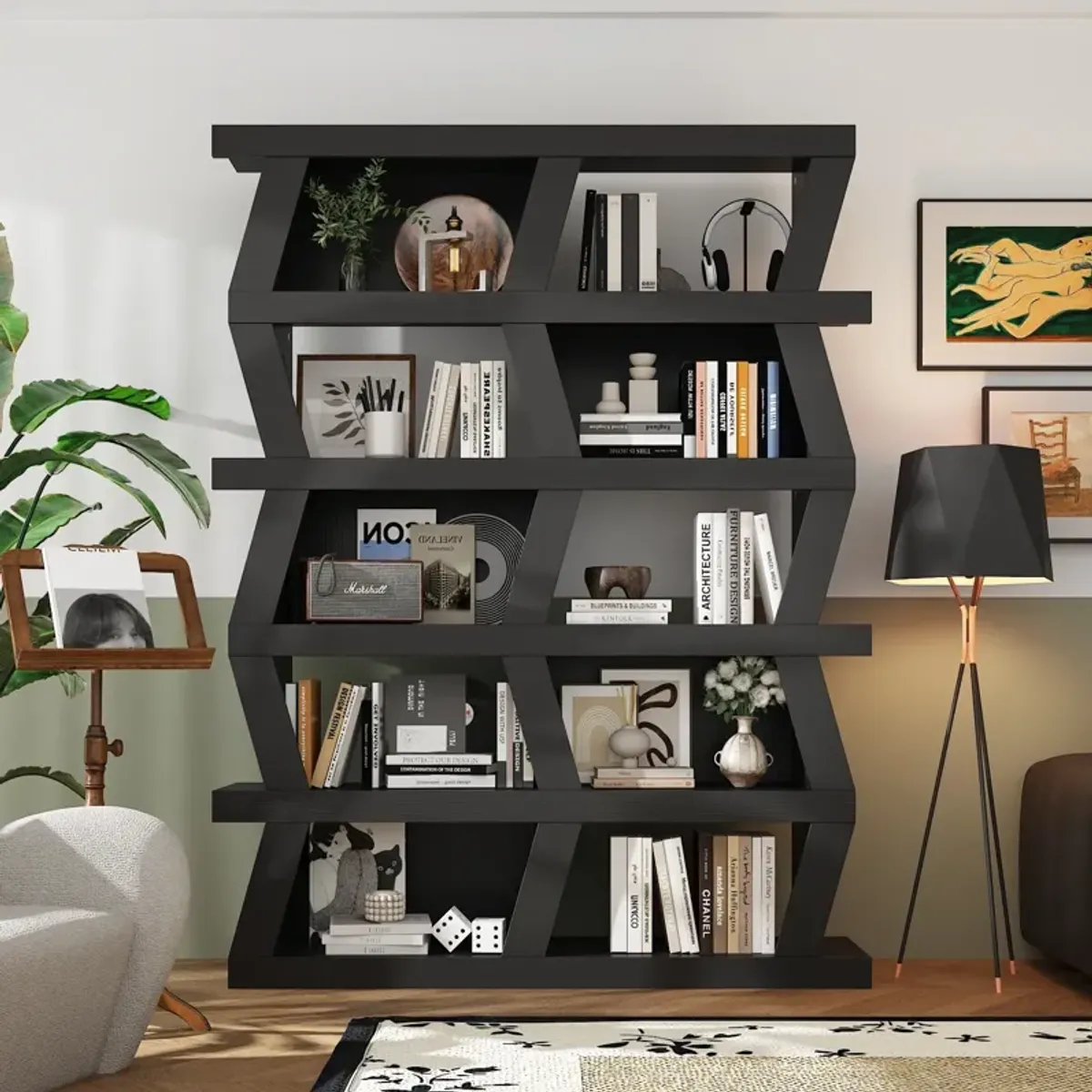 FUFU&GAGA Modern 5-Tier Zigzag Bookcase with Open Shelves (63.8” H x 51.2” W x 12.2” D),Black