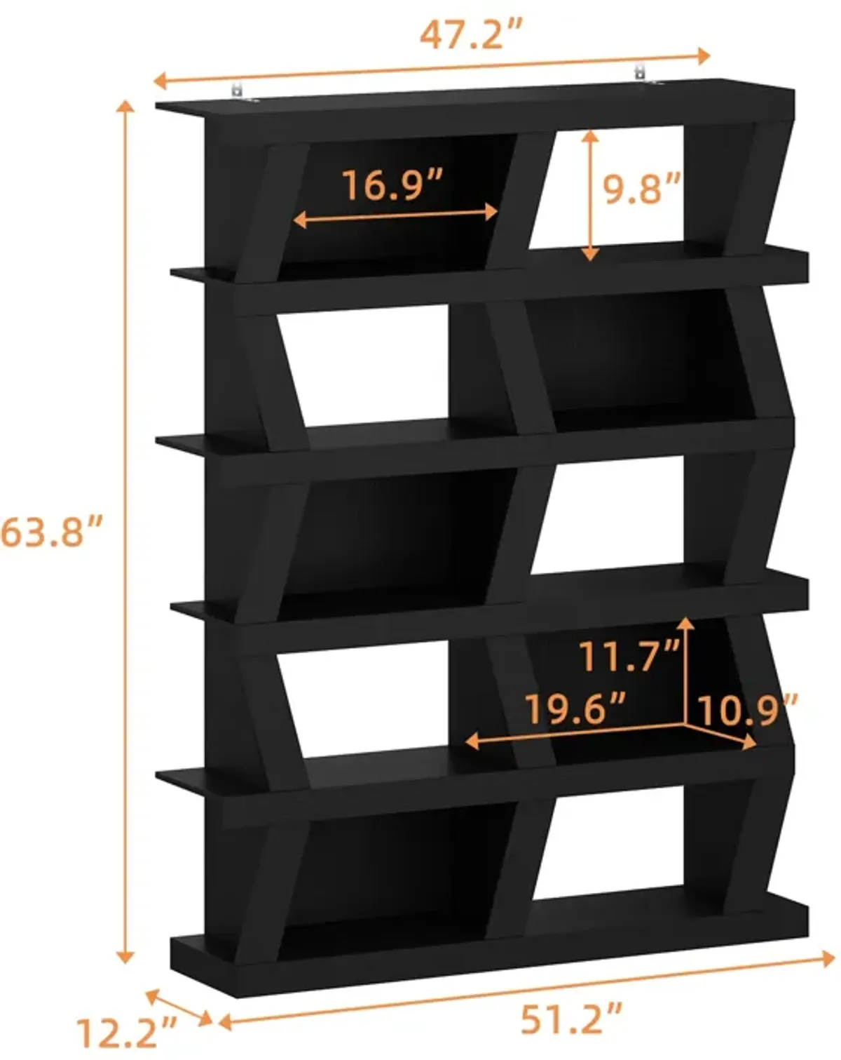 FUFU&GAGA Modern 5-Tier Zigzag Bookcase with Open Shelves (63.8” H x 51.2” W x 12.2” D),Black