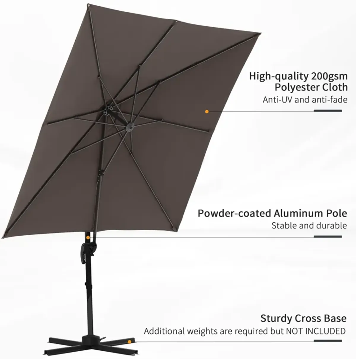 Outsunny 8FT Cantilever Patio Umbrella, Square Outdoor Offset Umbrella with 360� Rotation, Aluminum Hanging Umbrella with 3-Position Tilt, Crank & Cross Base for Garden Deck Pool Backyard, Brown