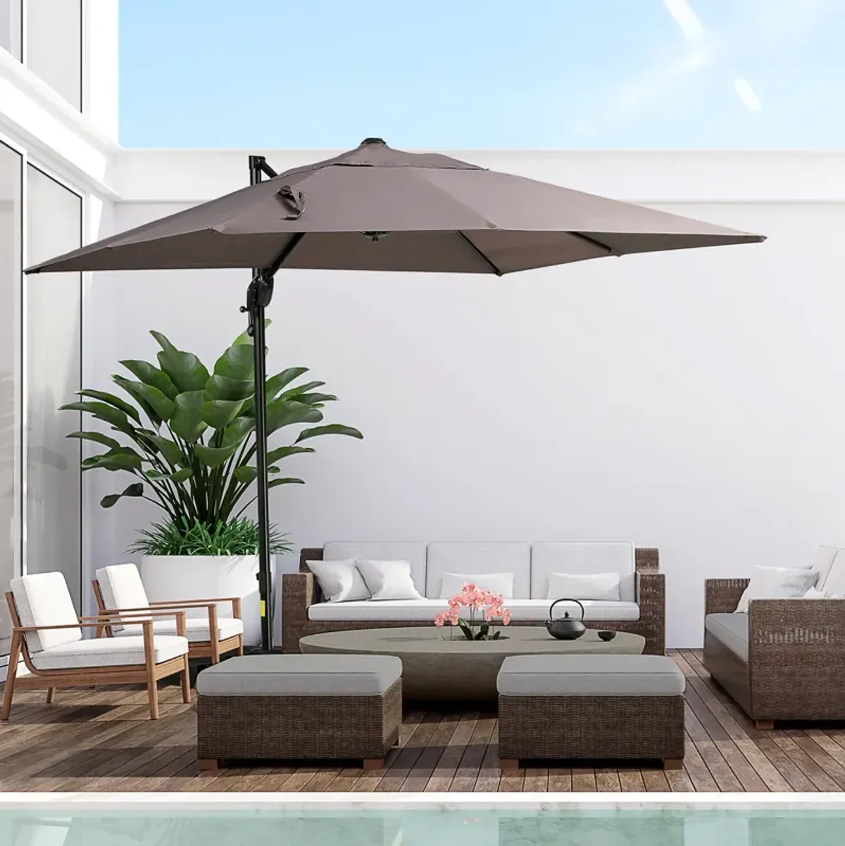 Outsunny 8FT Cantilever Patio Umbrella, Square Outdoor Offset Umbrella with 360� Rotation, Aluminum Hanging Umbrella with 3-Position Tilt, Crank & Cross Base for Garden Deck Pool Backyard, Brown