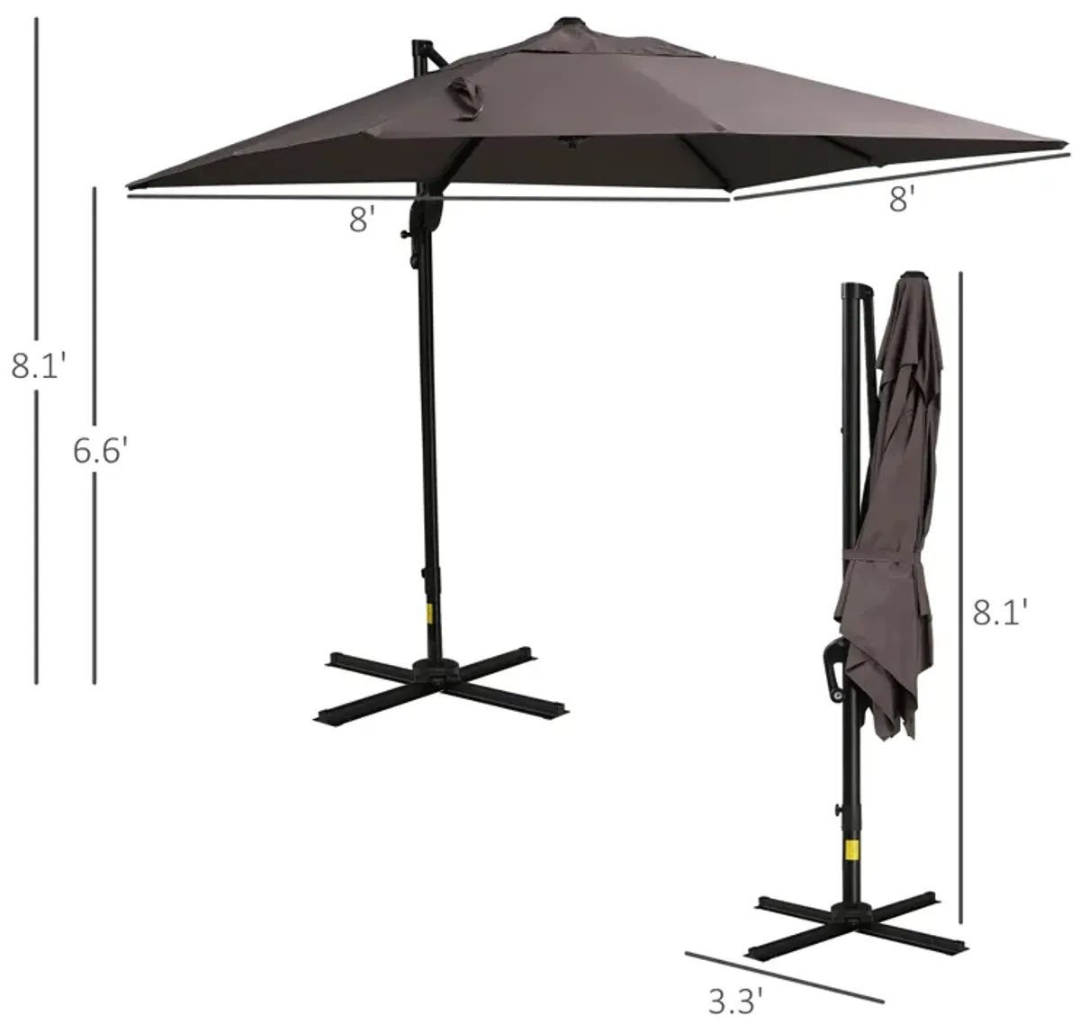 Outsunny 8FT Cantilever Patio Umbrella, Square Outdoor Offset Umbrella with 360� Rotation, Aluminum Hanging Umbrella with 3-Position Tilt, Crank & Cross Base for Garden Deck Pool Backyard, Brown