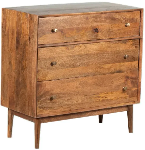Gami 35 Inch Side Dresser Chest, 3 Drawers, 6 Gold Knobs, Brown Mango Wood - Benzara