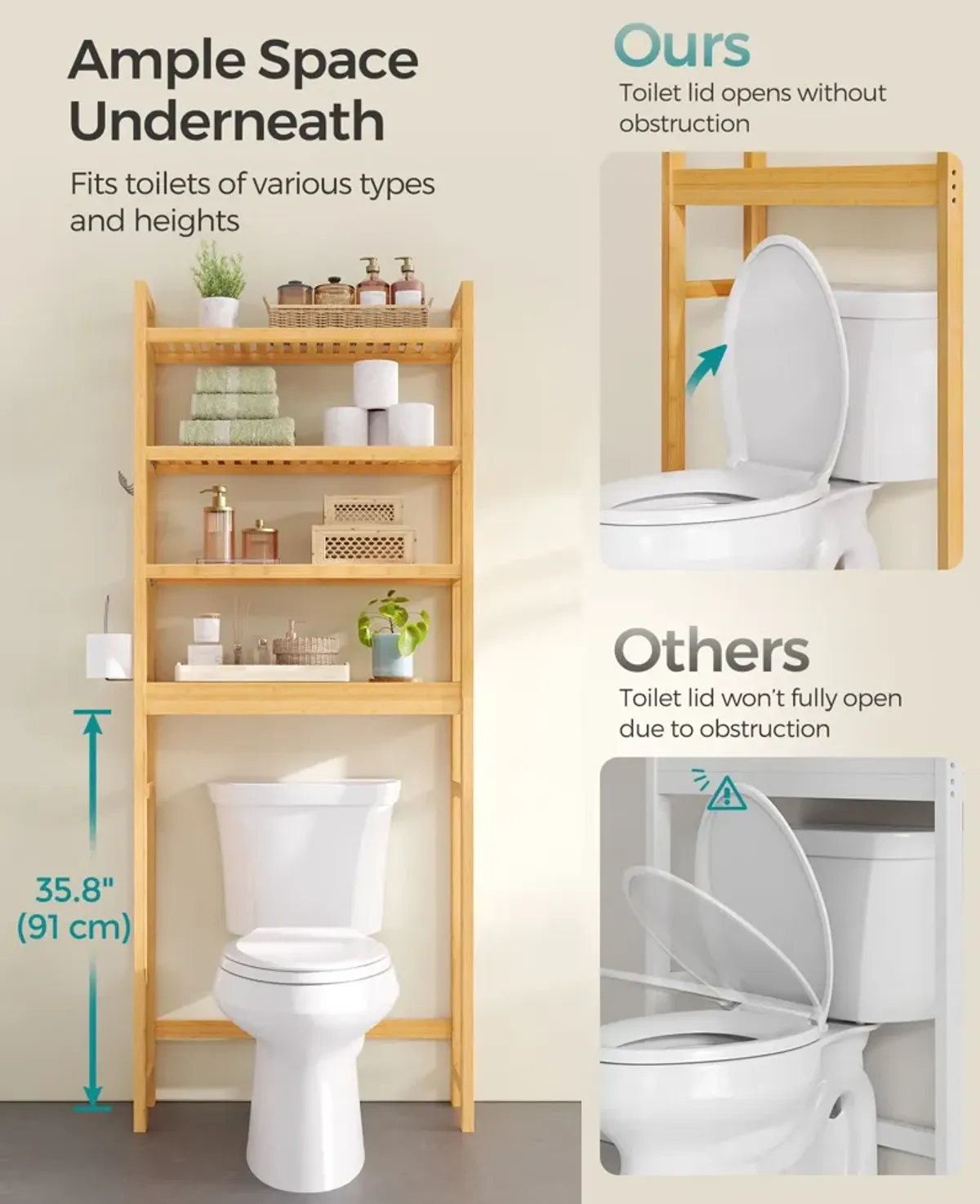 Over-The-Toilet Storage, 4-Tier Bamboo Bathroom Organizer with Adjustable Shelves