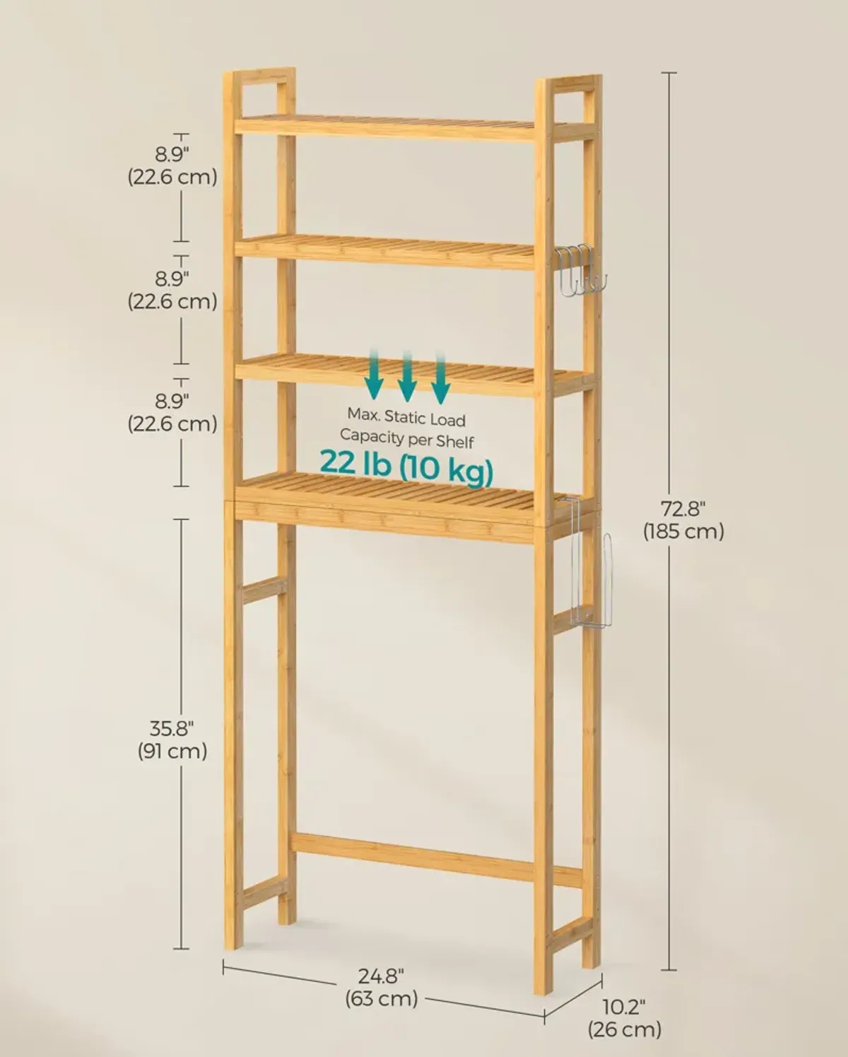 Over-The-Toilet Storage, 4-Tier Bamboo Bathroom Organizer with Adjustable Shelves