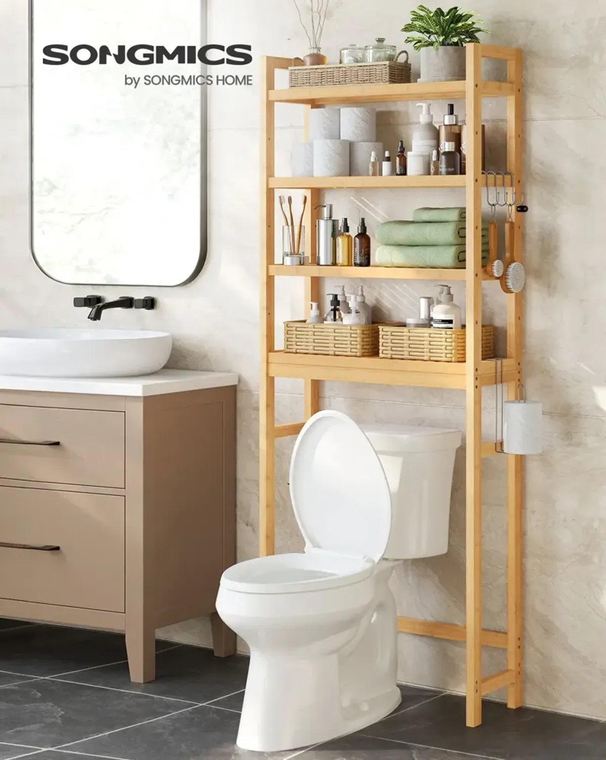 Over-The-Toilet Storage, 4-Tier Bamboo Bathroom Organizer with Adjustable Shelves