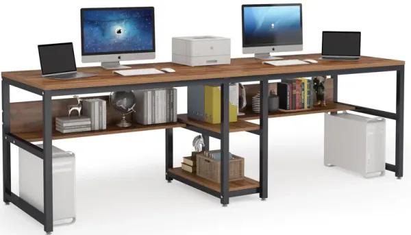 Two Person Desk with Bookshelf, 78.7 Computer Office Double Desk for Two Person, Rustic Writing Desk Workstation with Shelf for Home Office (Brown)