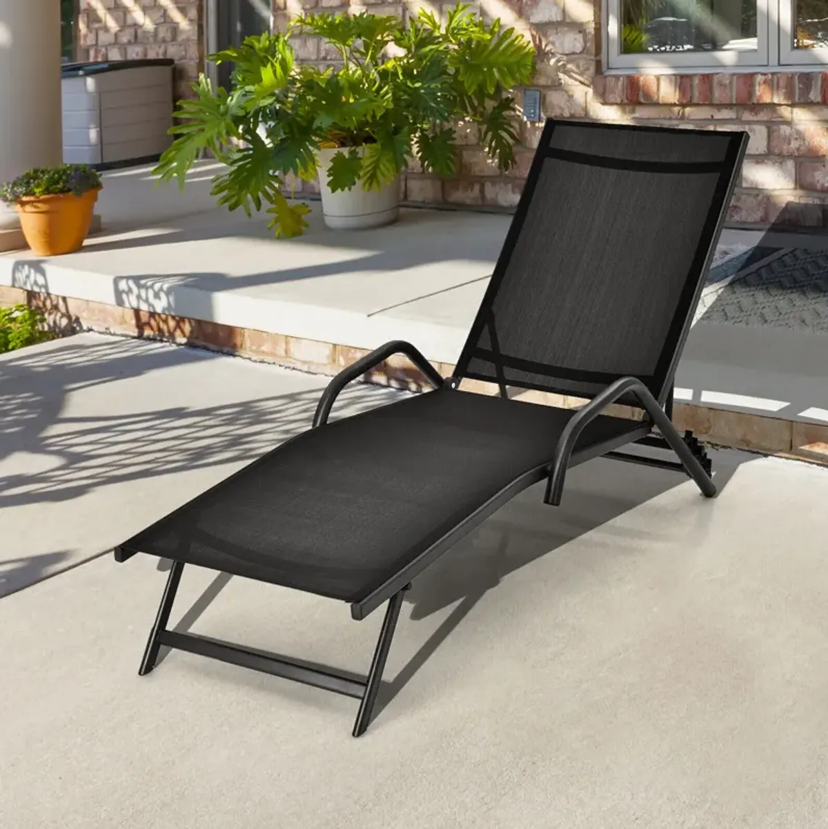 2 Pieces Outdoor Chaise Lounge with 5-Position Adjustable Backrest-Black