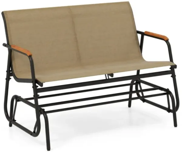 Hivvago Patio Glider Bench with Curved Teak Armrests and Breathable Fabric Seat for 2 People