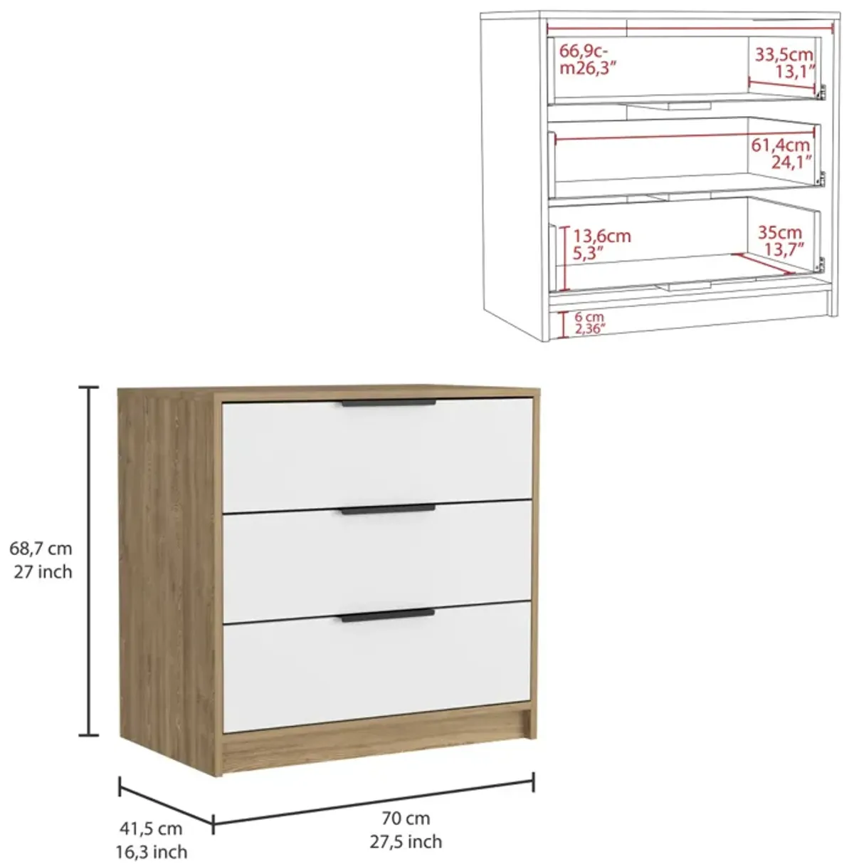 Kaia 3 Drawers Dresser, Superior Top - White Pine